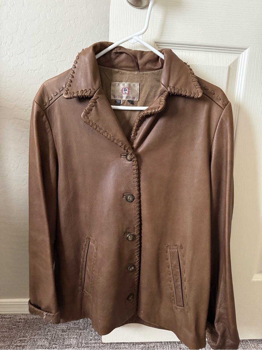 The Territory Ahead Brown Whipstitch Leather Button Jacket